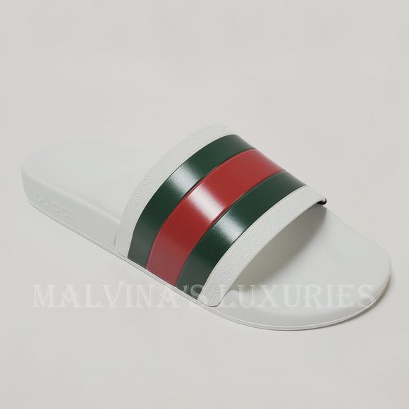 GUCCI SHOES MENS PURSUIT WHITE RUBBER SLIDE SANDAL w WEB DETAIL sz 9G 9.5 US - Picture 7 of 15